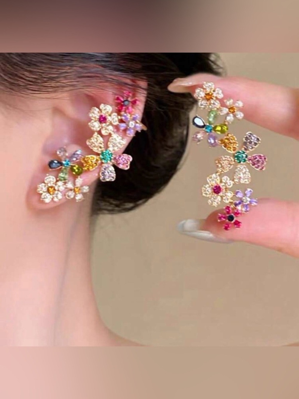 Multicolor Floral Crystal Ear Crawler Earrings - Gold